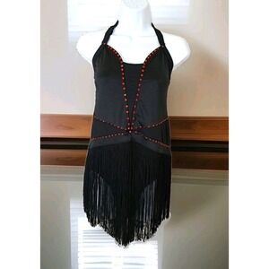 Balera Dance Costume XL Black Red Rhinestone Fringe Halter Bodysuit Strappy Back